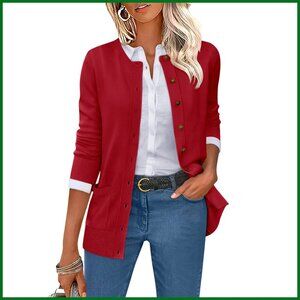 Long Sleeve Crewneck Cardigan Soft Knit Open Front Dressy Casual Fall Sweater